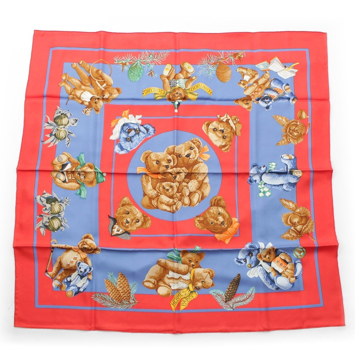 HERMES Carré 90 CONFIDENTS DESCOEURS Heart's friend silk bear scarf Red