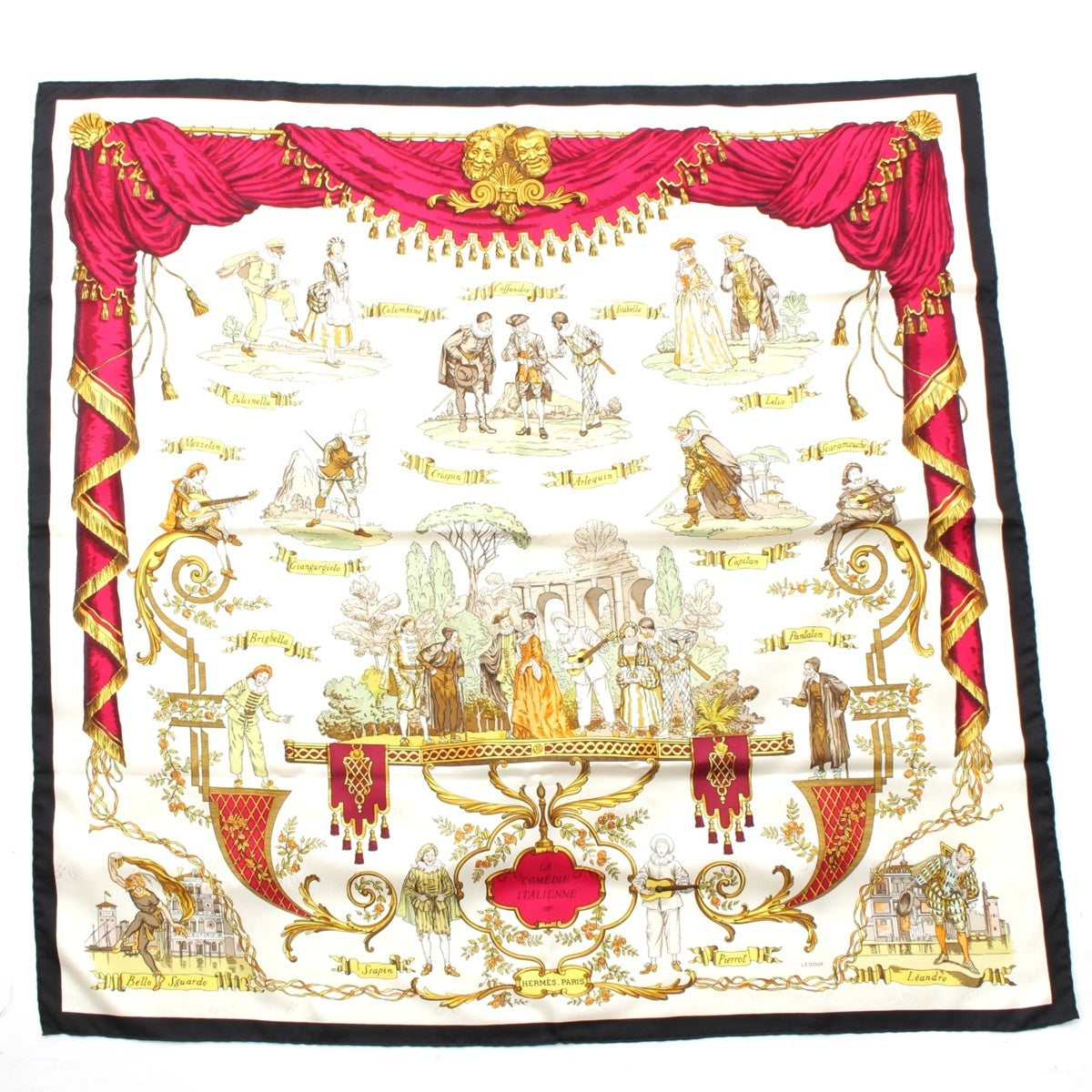 HERMES silk Calle 90 LA COMEDIE ITALIENNE Italian comedy scarf white
