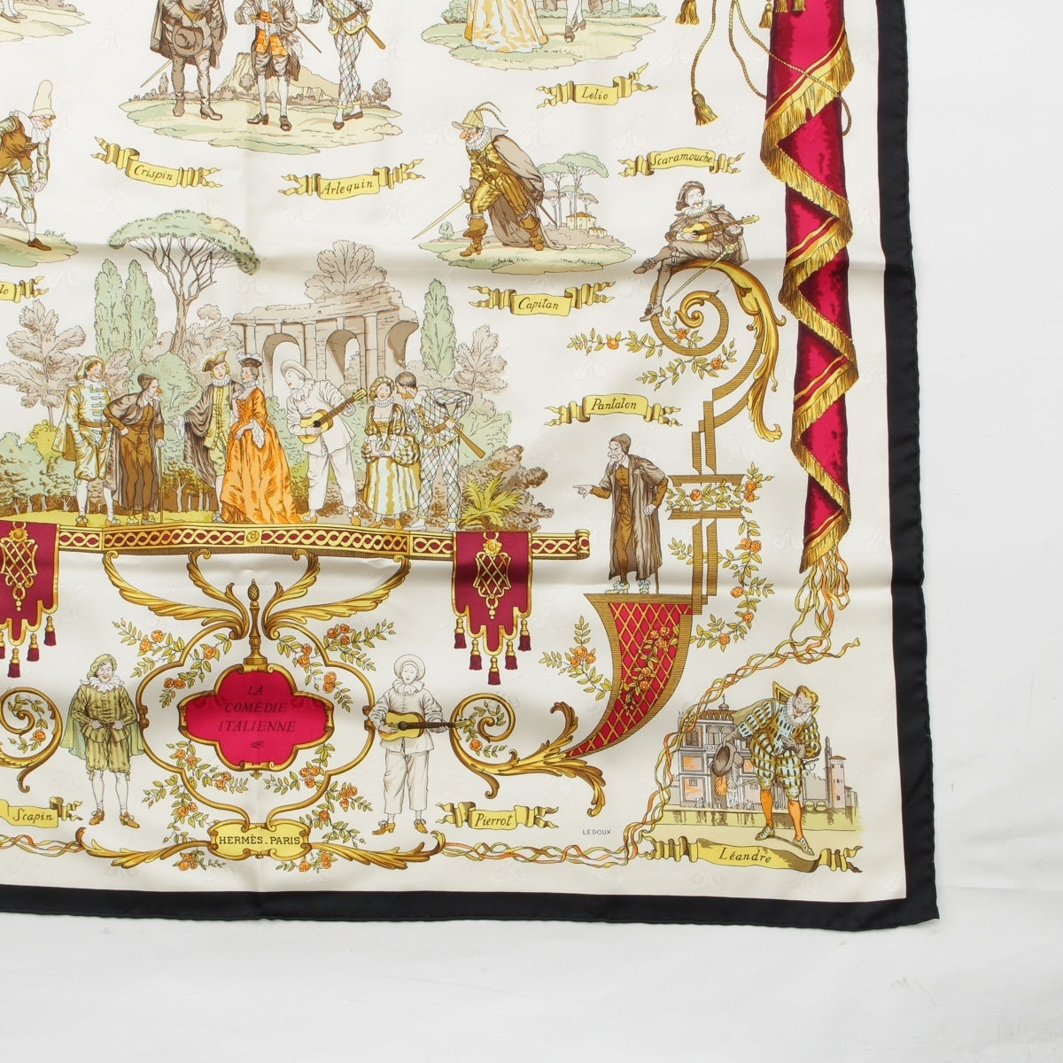 HERMES silk Calle 90 LA COMEDIE ITALIENNE Italian comedy scarf white