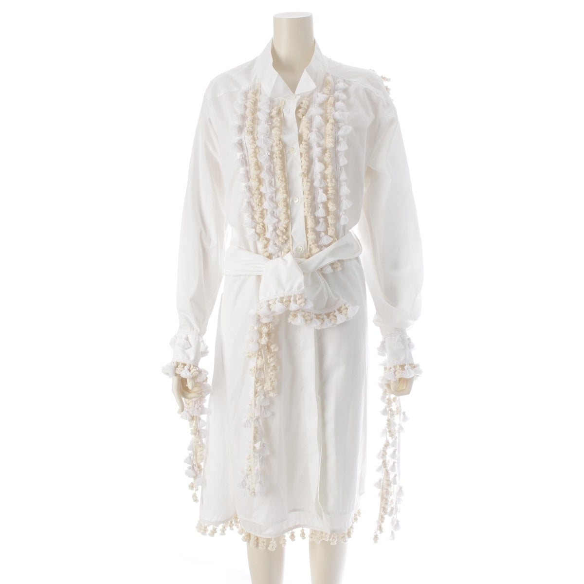 LOEWE Tassel pom-pom waist ribbon long shirt one piece dress white 36