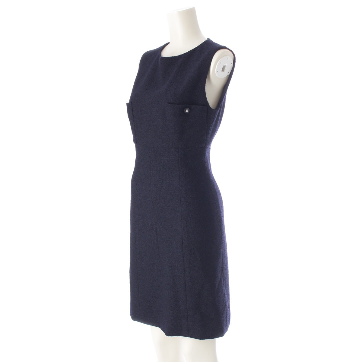 CHANEL wool COCO Button Tweed Sleeveless Top one piece dress P06304 Navy 38