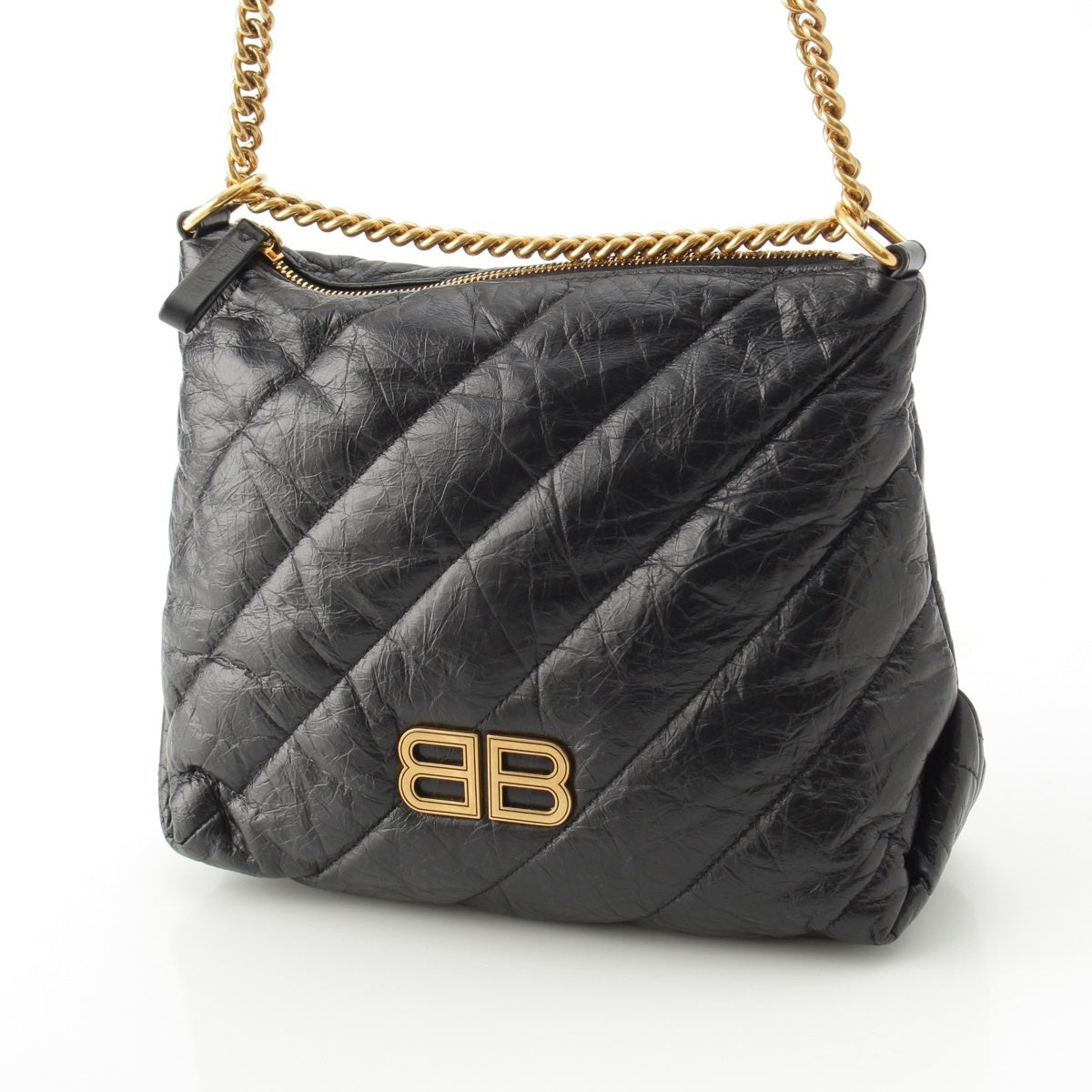 BALENCIAGA Crush leather Small Quilted Hobo Chain Shoulder Bag 806479 black
