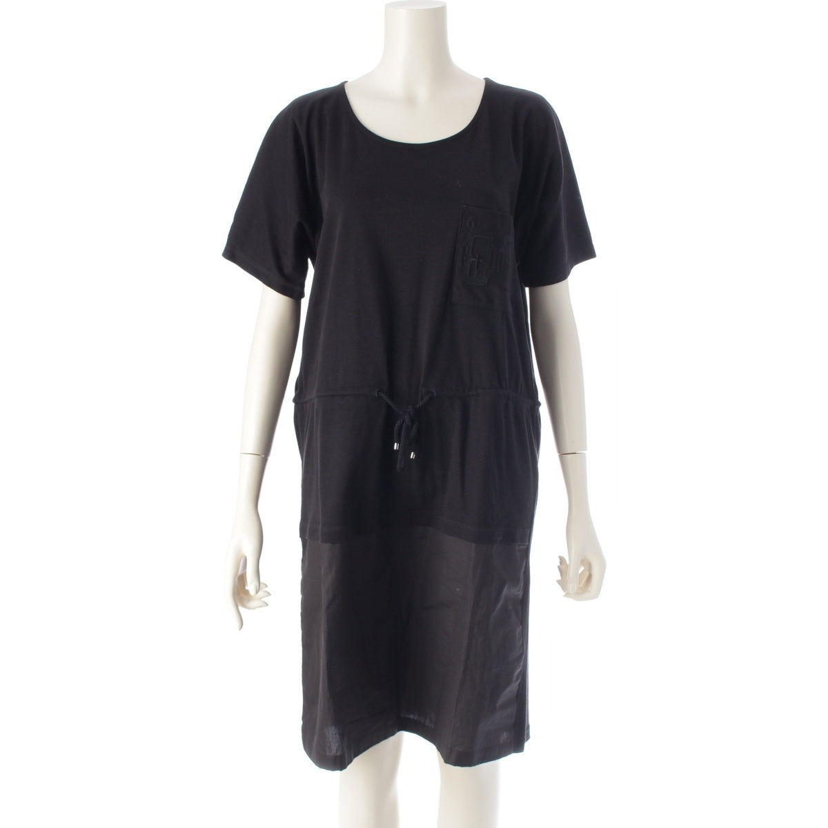 HERMES cotton Embroidery Pocket Drawcord Short Sleeve one piece dress black 40