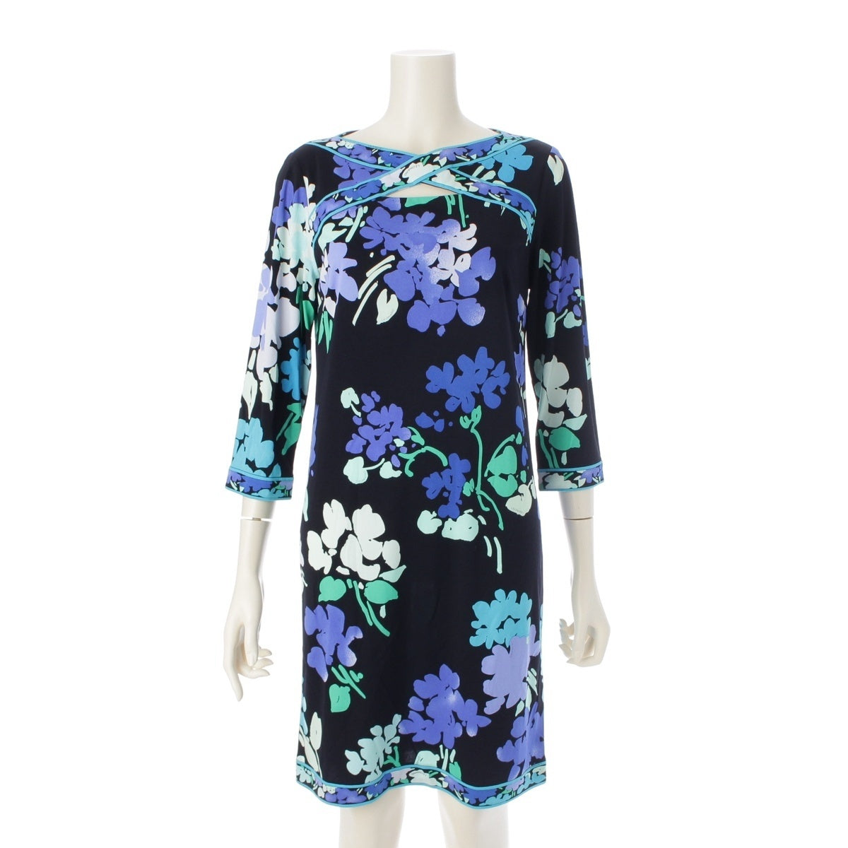 LEONARD Acetate x Polyester Cancan flower floral pattern all over one piece dress 0150204 Black blue 36