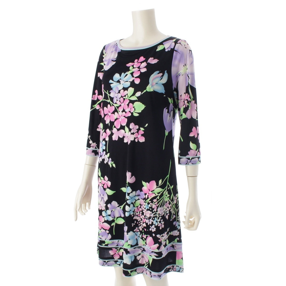 LEONARD Acetate x Polyester Cancan flower floral pattern all over one piece dress 0360303 Purple Pink Black 36