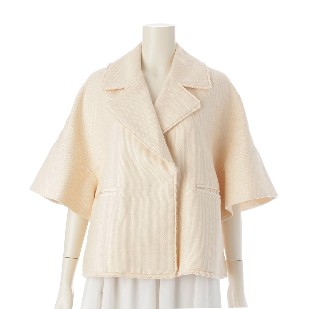 Drawer Linen Silk Cotton Fringe Half sleeve tailored jacket Tops outer 6522-234-0788 Ivory White 36