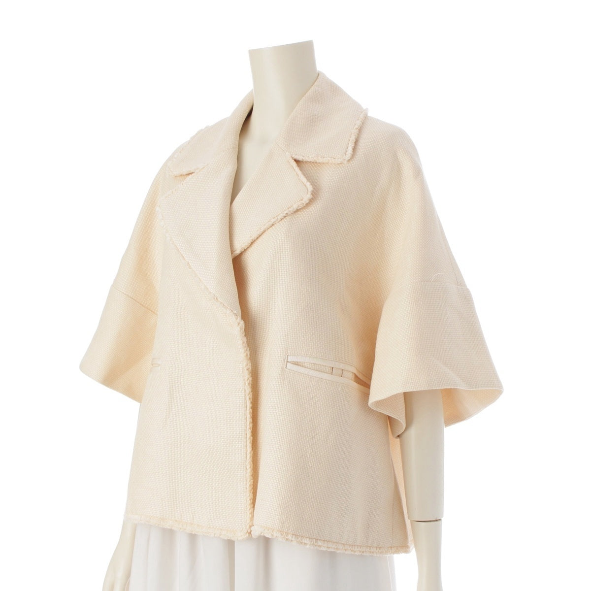 Drawer Linen Silk Cotton Fringe Half sleeve tailored jacket Tops outer 6522-234-0788 Ivory White 36