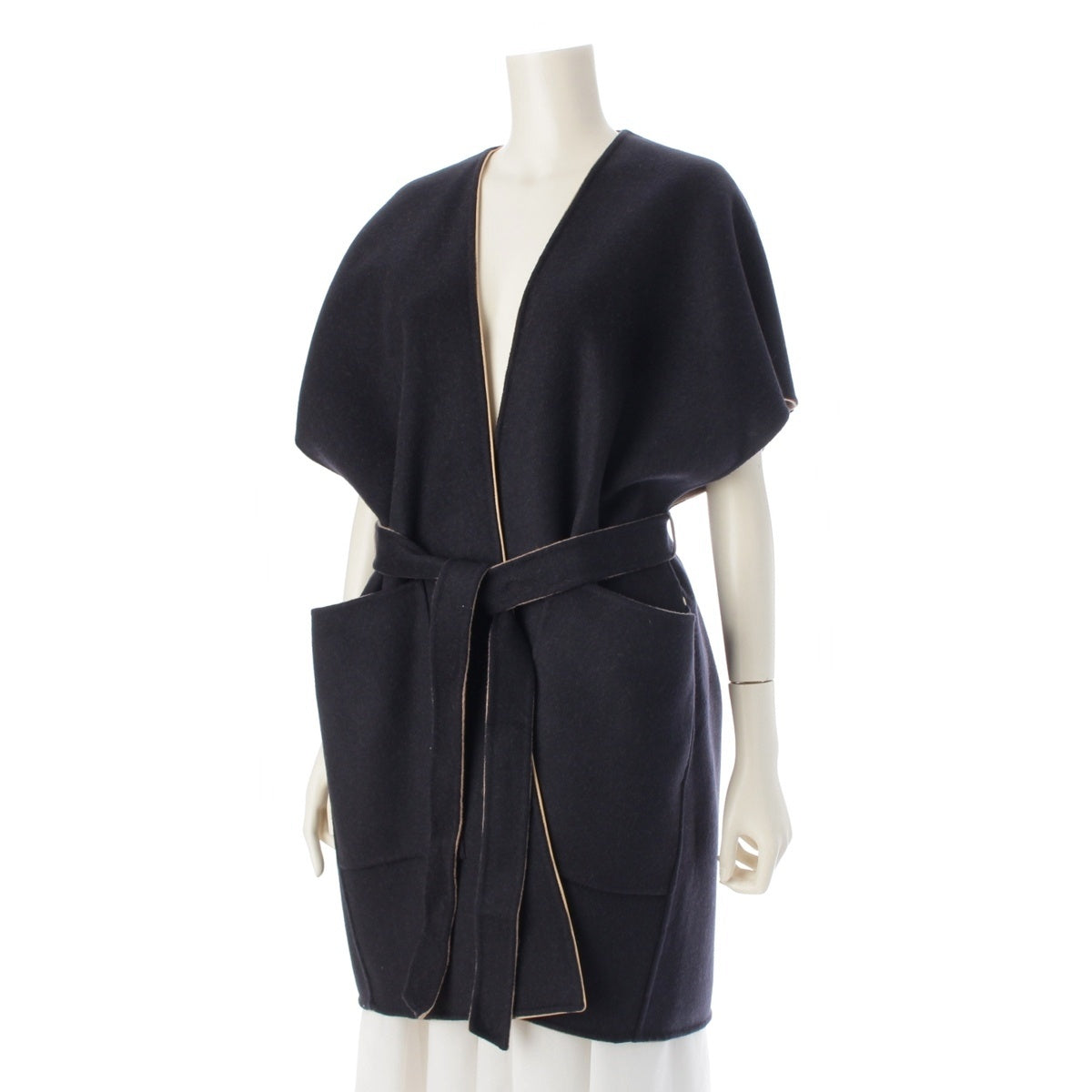 Drawer wool Belted reversible gilet sleeveless gown W-face Best outer 6522-299-0808 Black beige 36