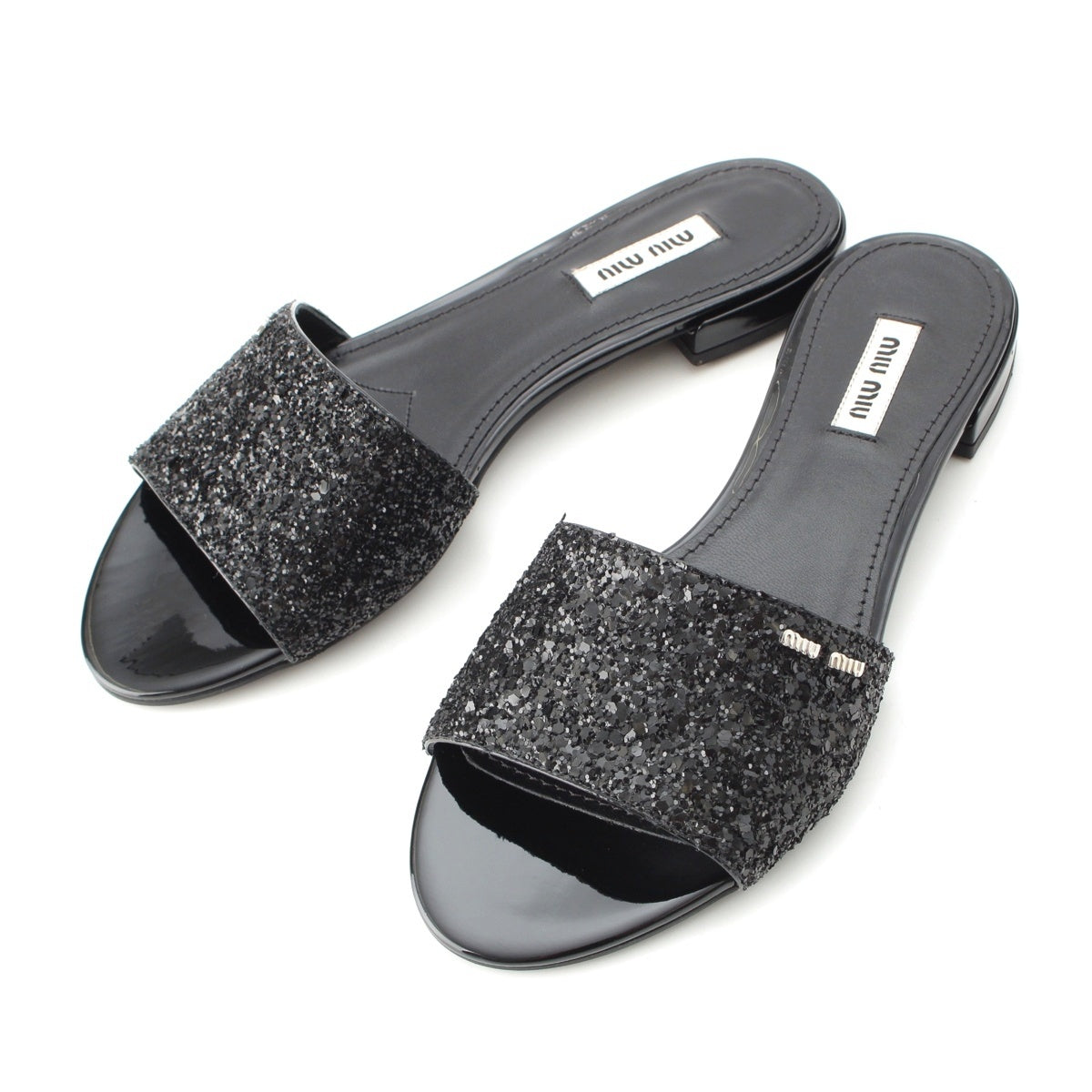 MIUMIU Glitter Logo flat Sandals black 37 1/2