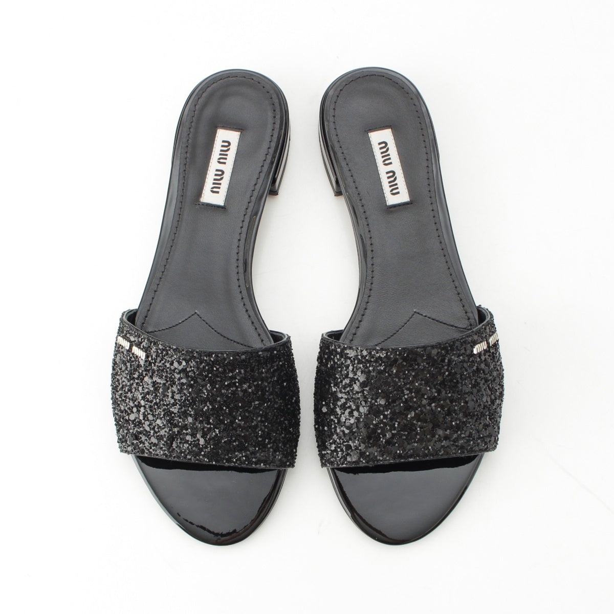 MIUMIU Glitter Logo flat Sandals black 37 1/2