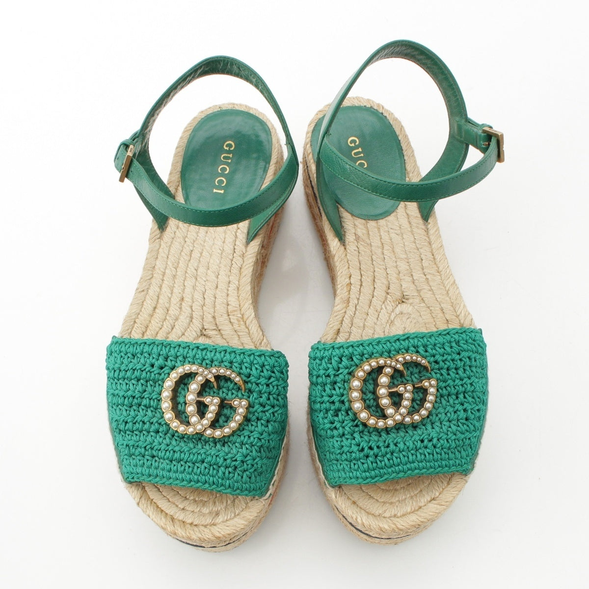 GUCCI leather GG Marmont pearl wedge Sandals green 35 1/2