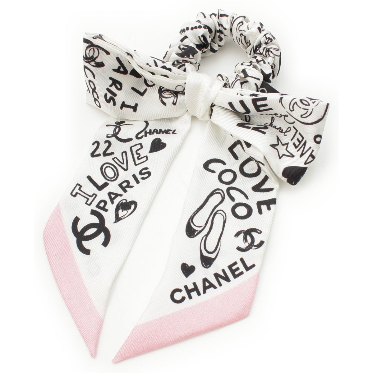 CHANEL silk Scrunchie ribbon icon hair accessory AA890 White x pink