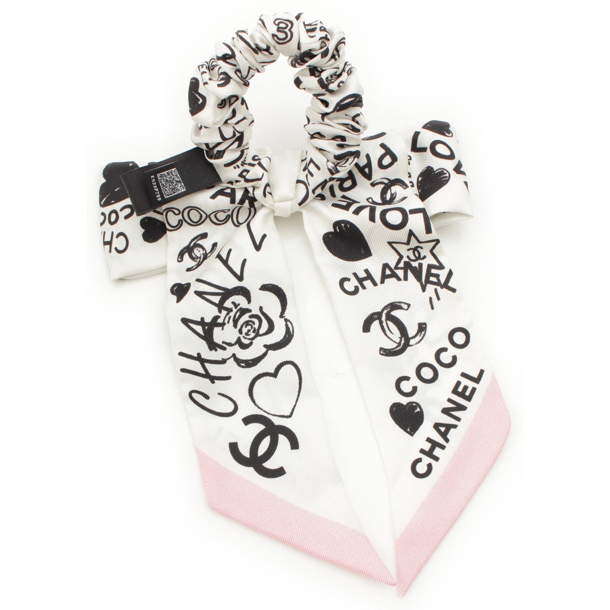 CHANEL silk Scrunchie ribbon icon hair accessory AA890 White x pink