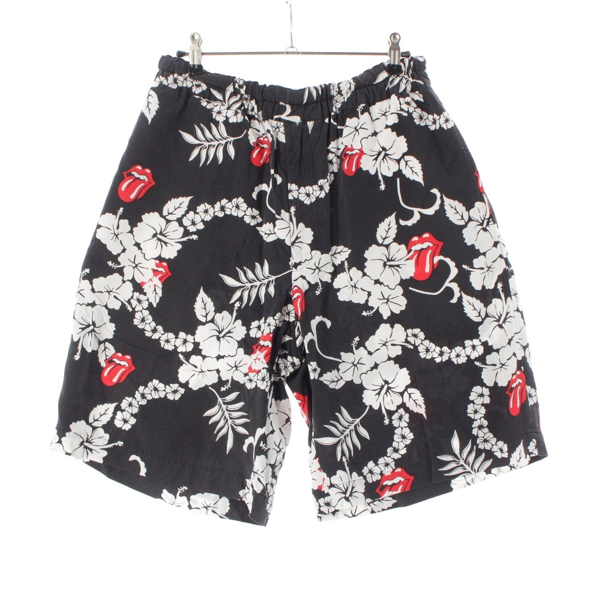COMME des GARCONS HOMME PLUS Polynosic Rolling Stones Lip & Tongue Hibiscus Shorts PQ-P073 Black White S