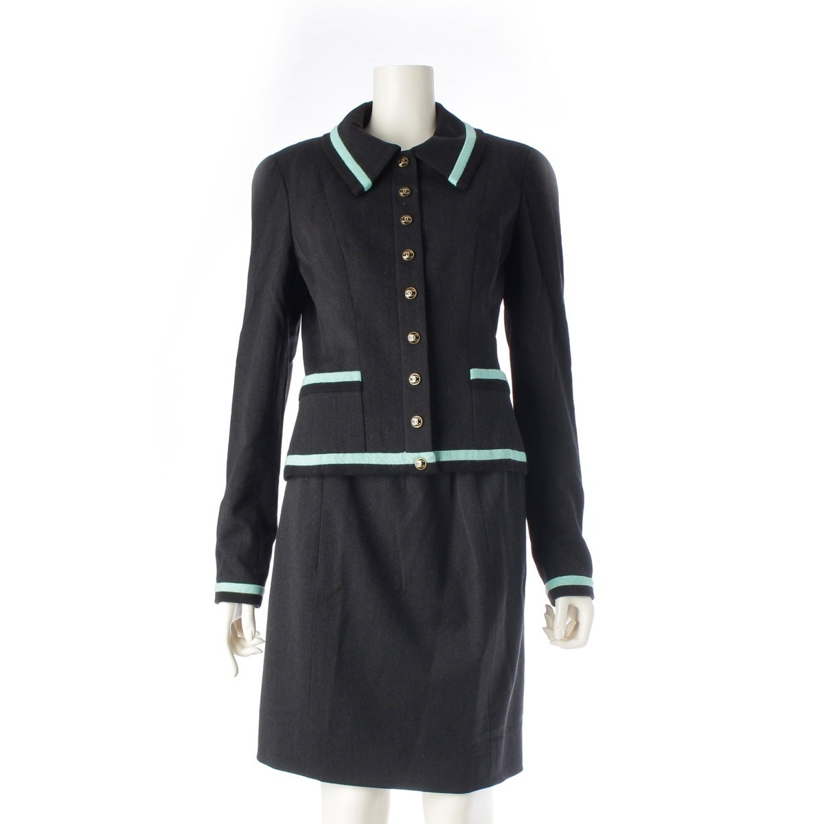 CHANEL Wool silk COCO Mark Single Jacket & Skirt Skirt setup Black emerald green 40