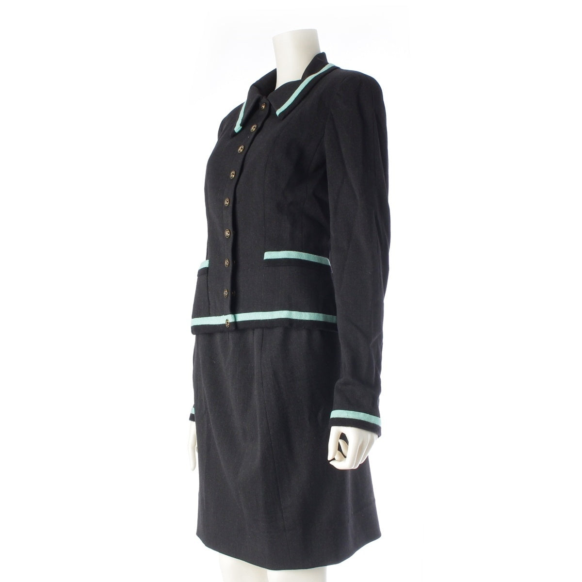 CHANEL Wool silk COCO Mark Single Jacket & Skirt Skirt setup Black emerald green 40