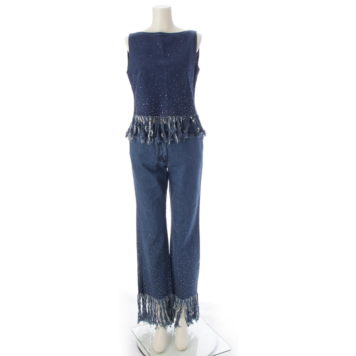 FENDI cotton Denim bejeweled fringe sleeveless top Pants setup Indigo Ice Blue Silver 40/42