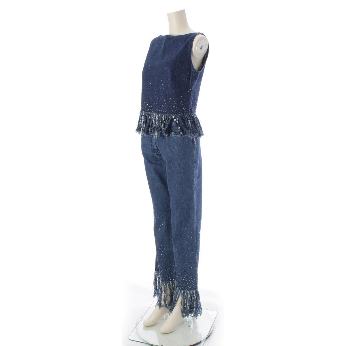 FENDI cotton Denim bejeweled fringe sleeveless top Pants setup Indigo Ice Blue Silver 40/42