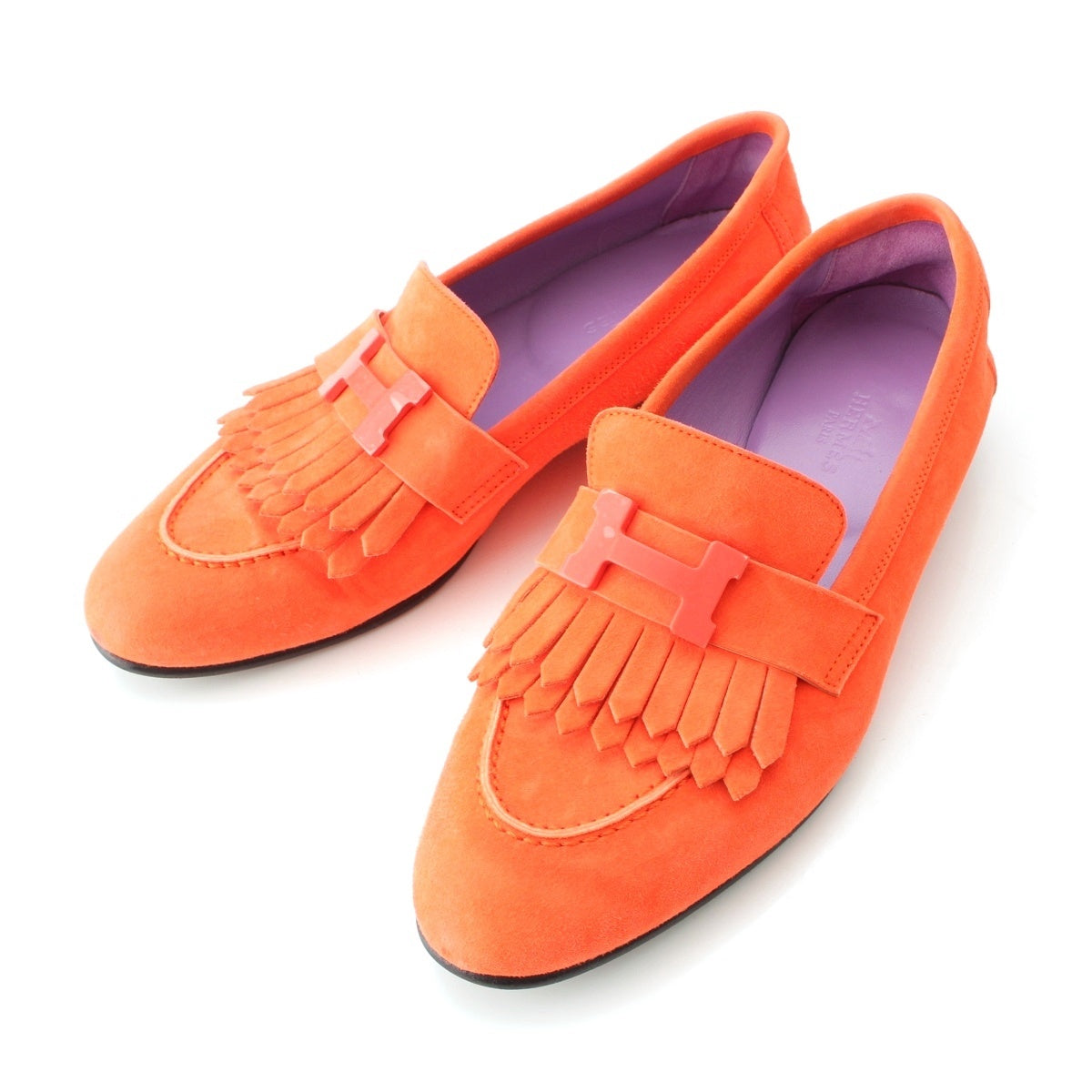 HERMES Royal suede H motif loafers shoes Orange 36
