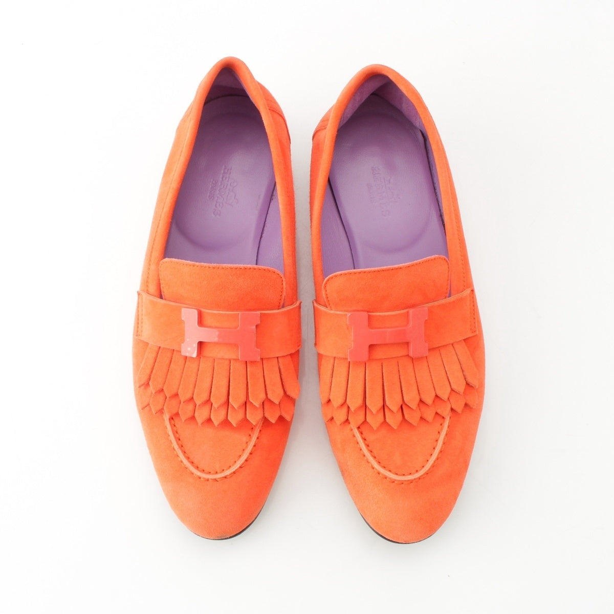 HERMES Royal suede H motif loafers shoes Orange 36