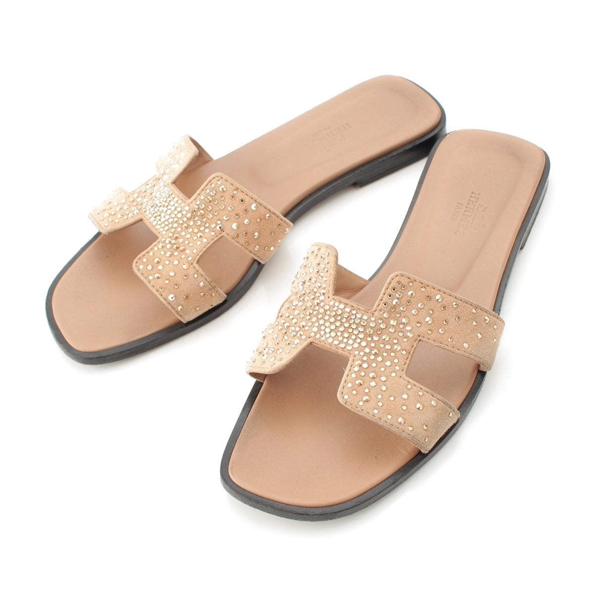 HERMES Oran suede rhinestone flats Sandals beige 36 1/2