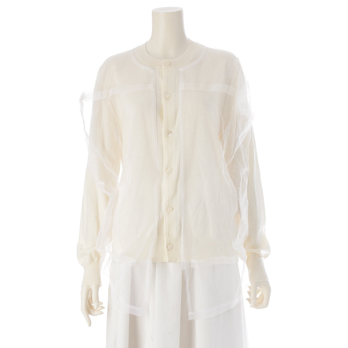 COMME des GARCONS wool Tulle layered crew neck cardigan GO-B018 Ivory M