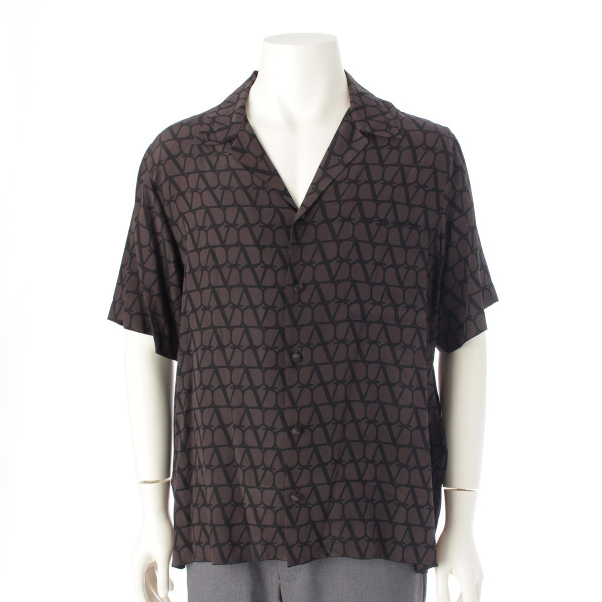 VALENTINO silk All-over logo print, open collar Short sleeve shirt tops 2V0AAA909DN Brown 44