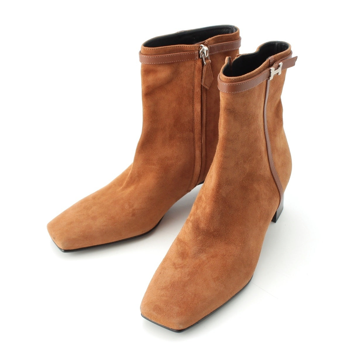 HERMES Oh Mage Suede H-buckle square toe short boots shoes Brown 37 1/2