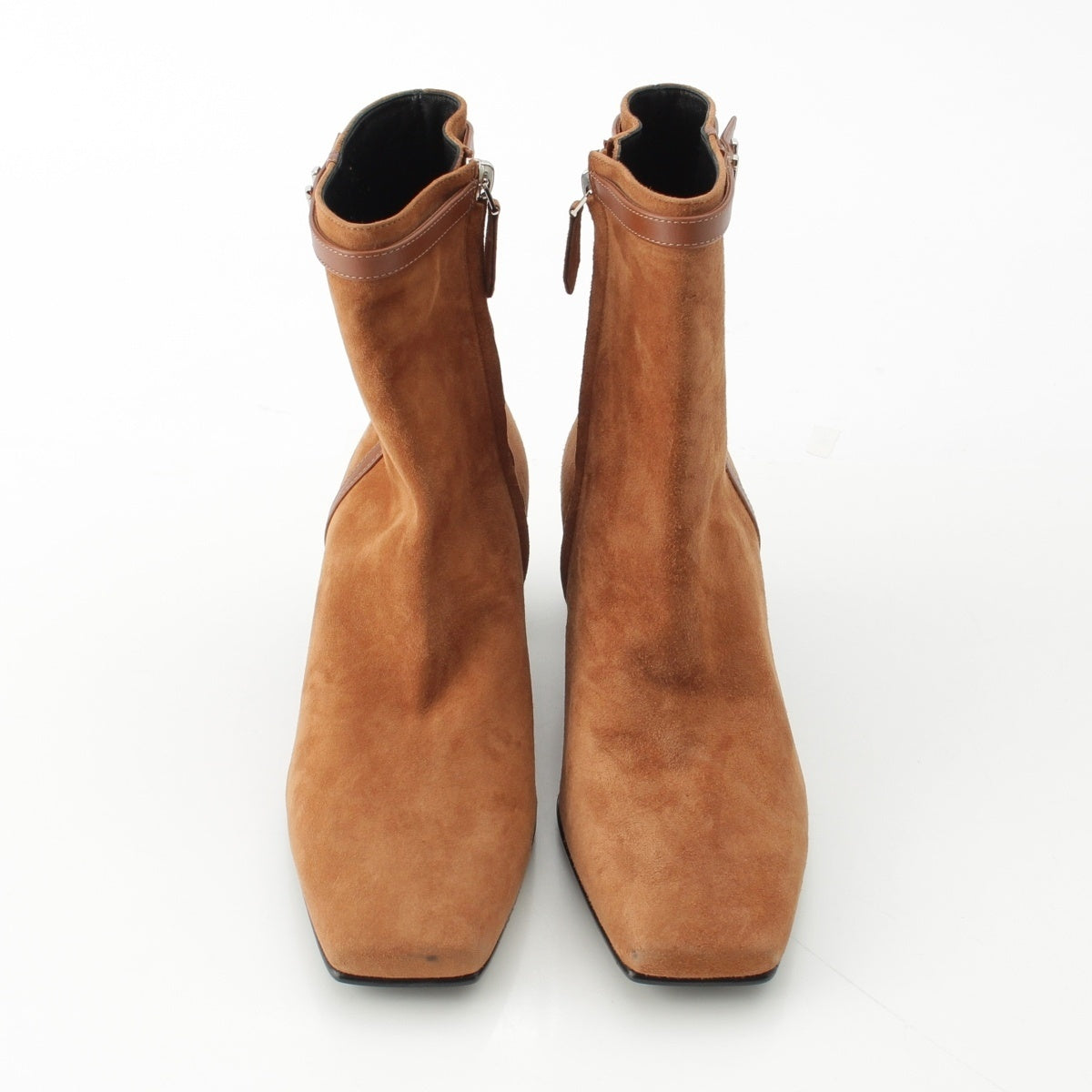 HERMES Oh Mage Suede H-buckle square toe short boots shoes Brown 37 1/2