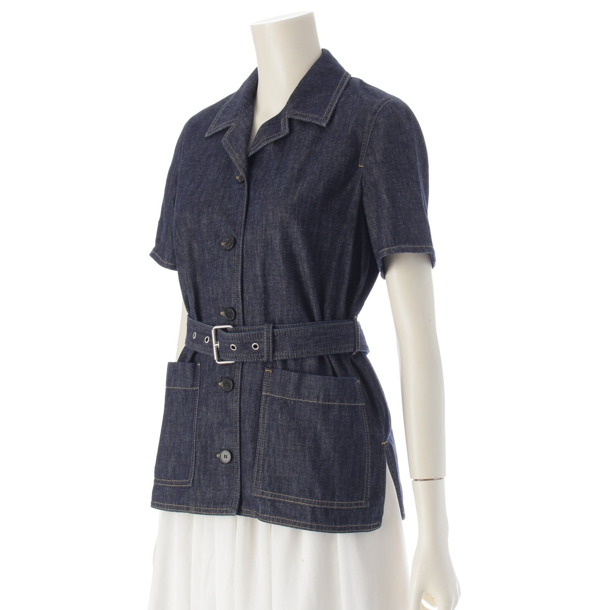 Christian Dior cotton Bee Embroidery Belted Short Sleeve Denim Jacket Shirt Jacket Outerwear 152V42A3440 Indigo 36