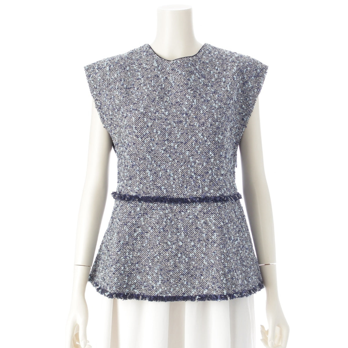 Drawer Cotton nylon Tweed sleeveless side zip open neck blouse 6521-299-1192 blue 36