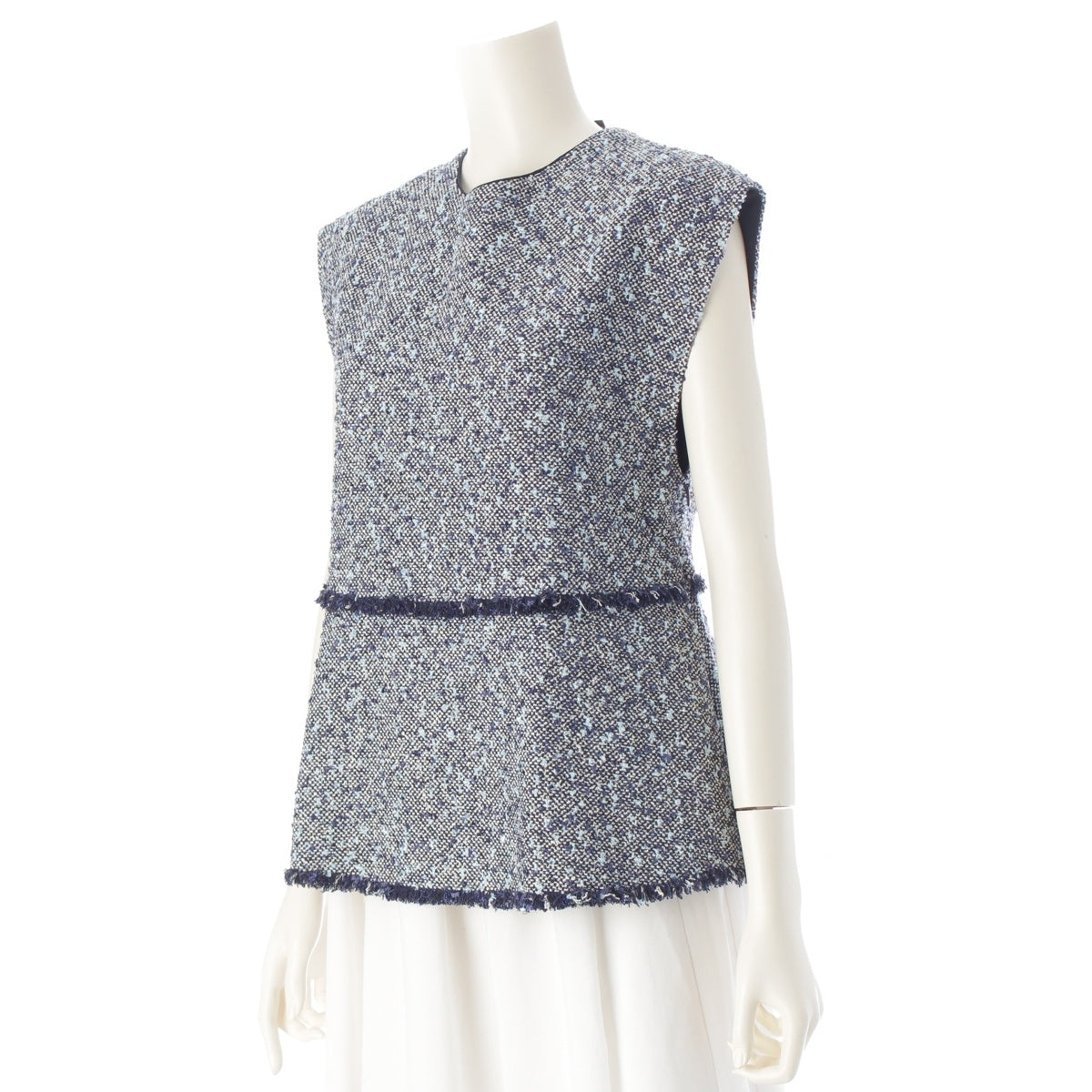 Drawer Cotton nylon Tweed sleeveless side zip open neck blouse 6521-299-1192 blue 36