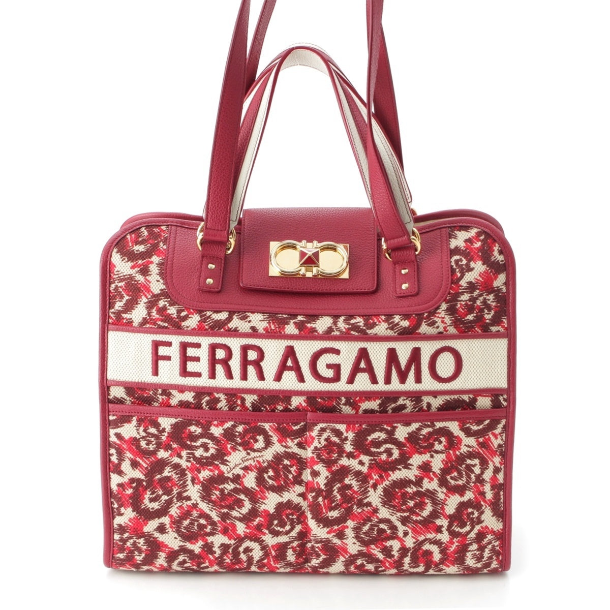 Salvatore Ferragamo Gancini Iconic Canvas leather Logo 2WAY shoulder Tote Bag AU-21/1418 Bordeaux