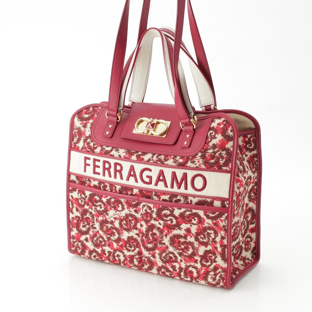 Salvatore Ferragamo Gancini Iconic Canvas leather Logo 2WAY shoulder Tote Bag AU-21/1418 Bordeaux