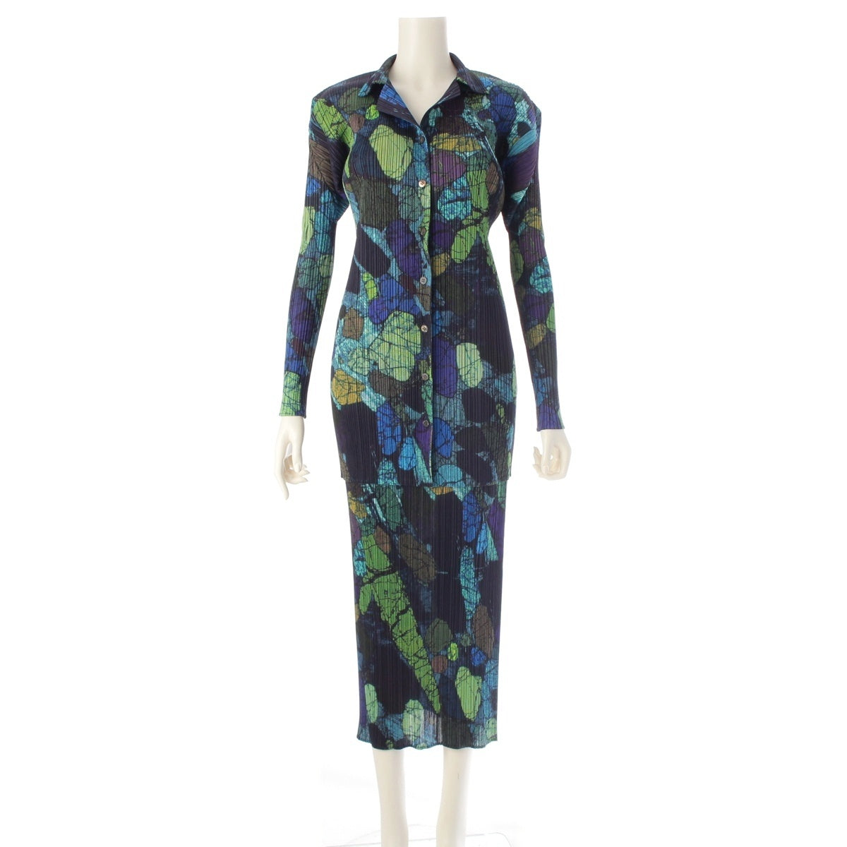 PLEATS PLEASE ISSEY All-over print jacket, tight, long Skirt setup PP74-JK525/PP74-JG513 Blue x green system 3/2