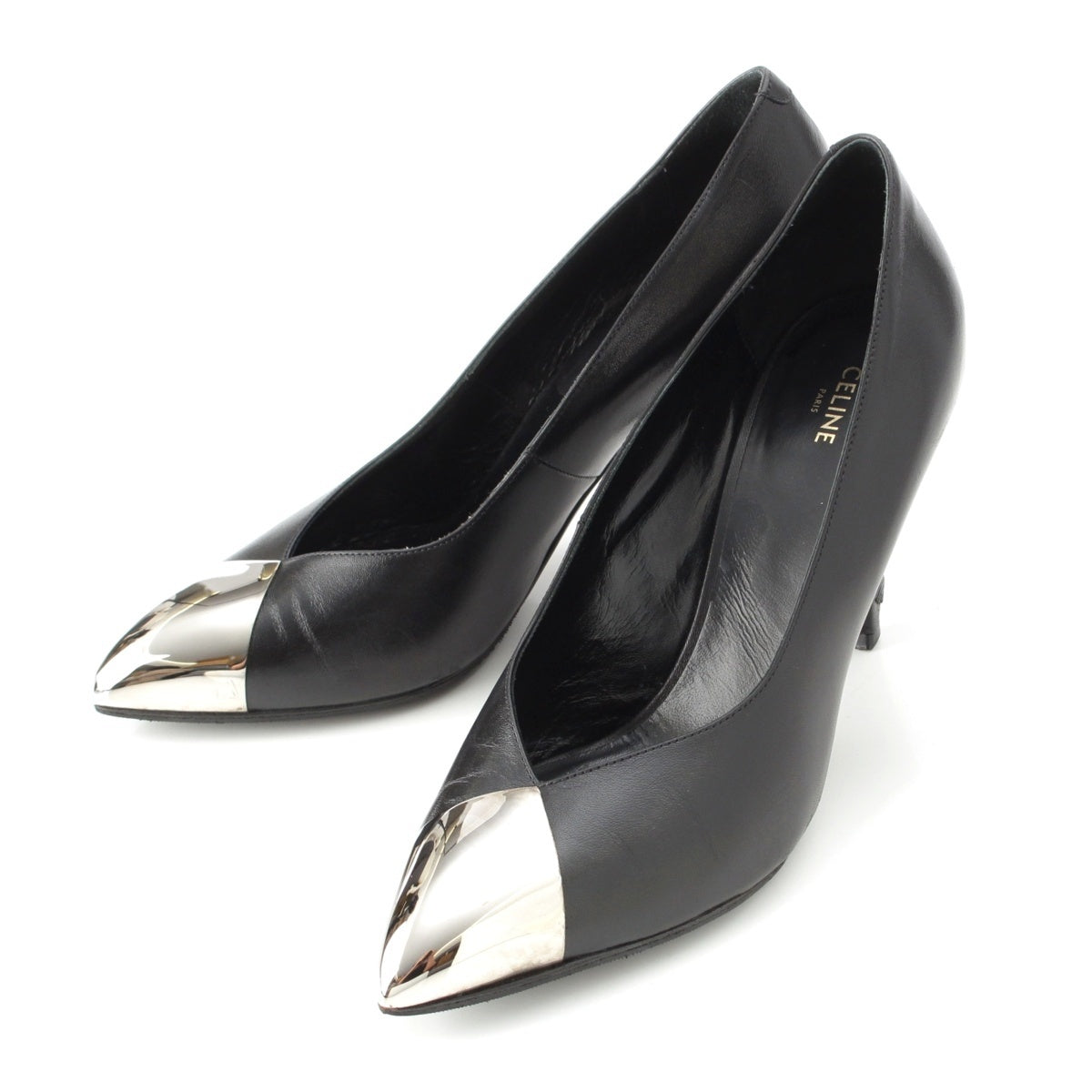 CELINE leather Hedi Slimane V-cut metal almond-toe heels pumps shoes black 38