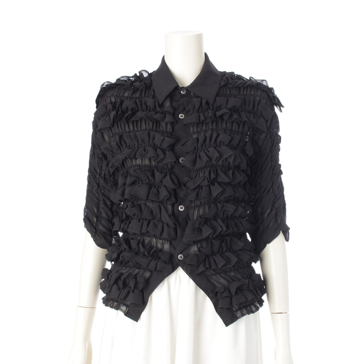 COMME des GARCONS Ruffled Tulle See-through Short Sleeve blouse Shirt tops GR-B014 black S