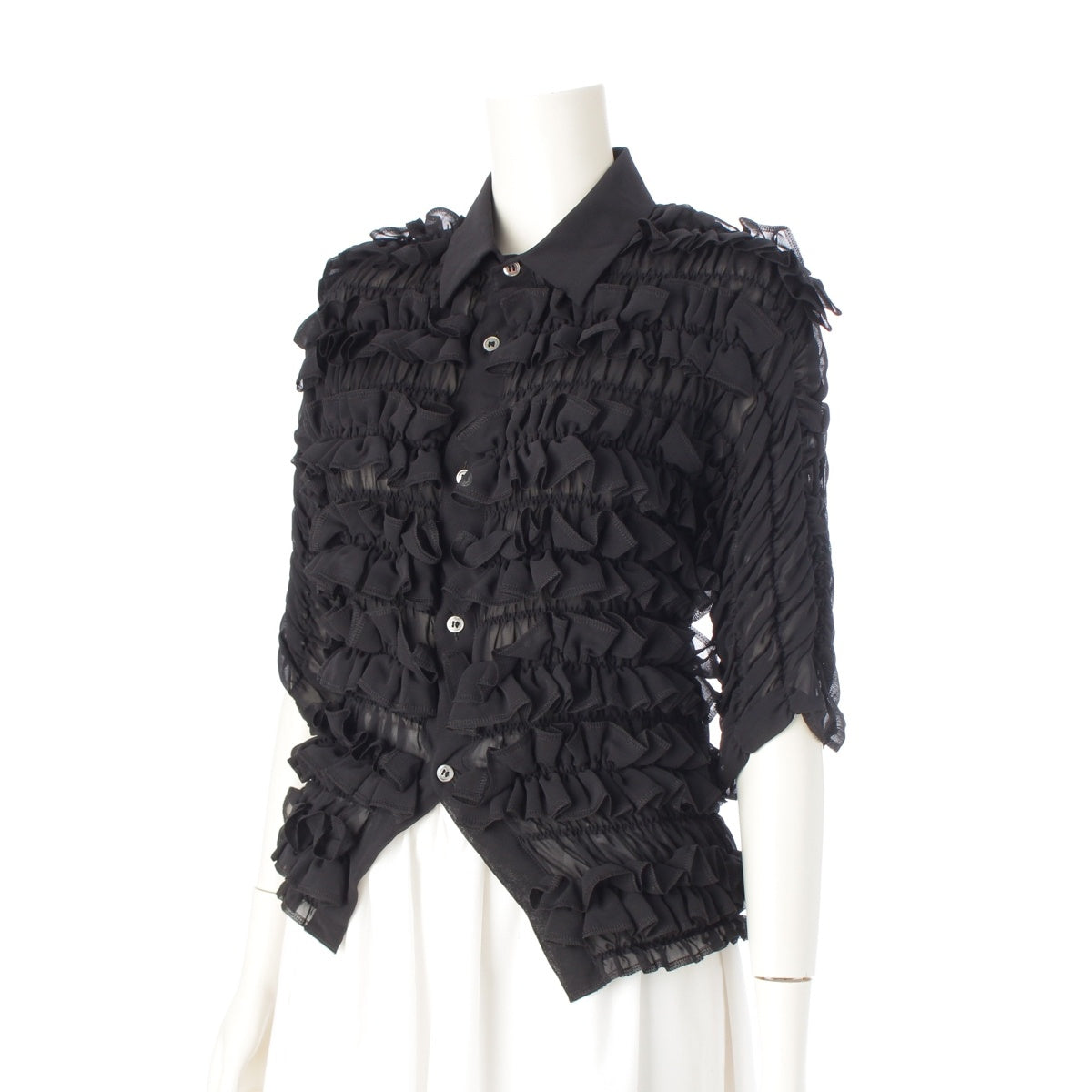 COMME des GARCONS Ruffled Tulle See-through Short Sleeve blouse Shirt tops GR-B014 black S