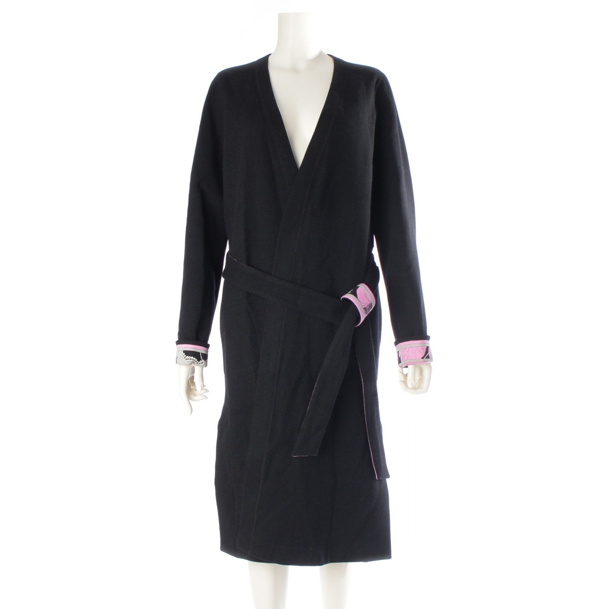 LEONARD Wool x nylon Floral pattern long coat Gown Cardigan Black x pink 36