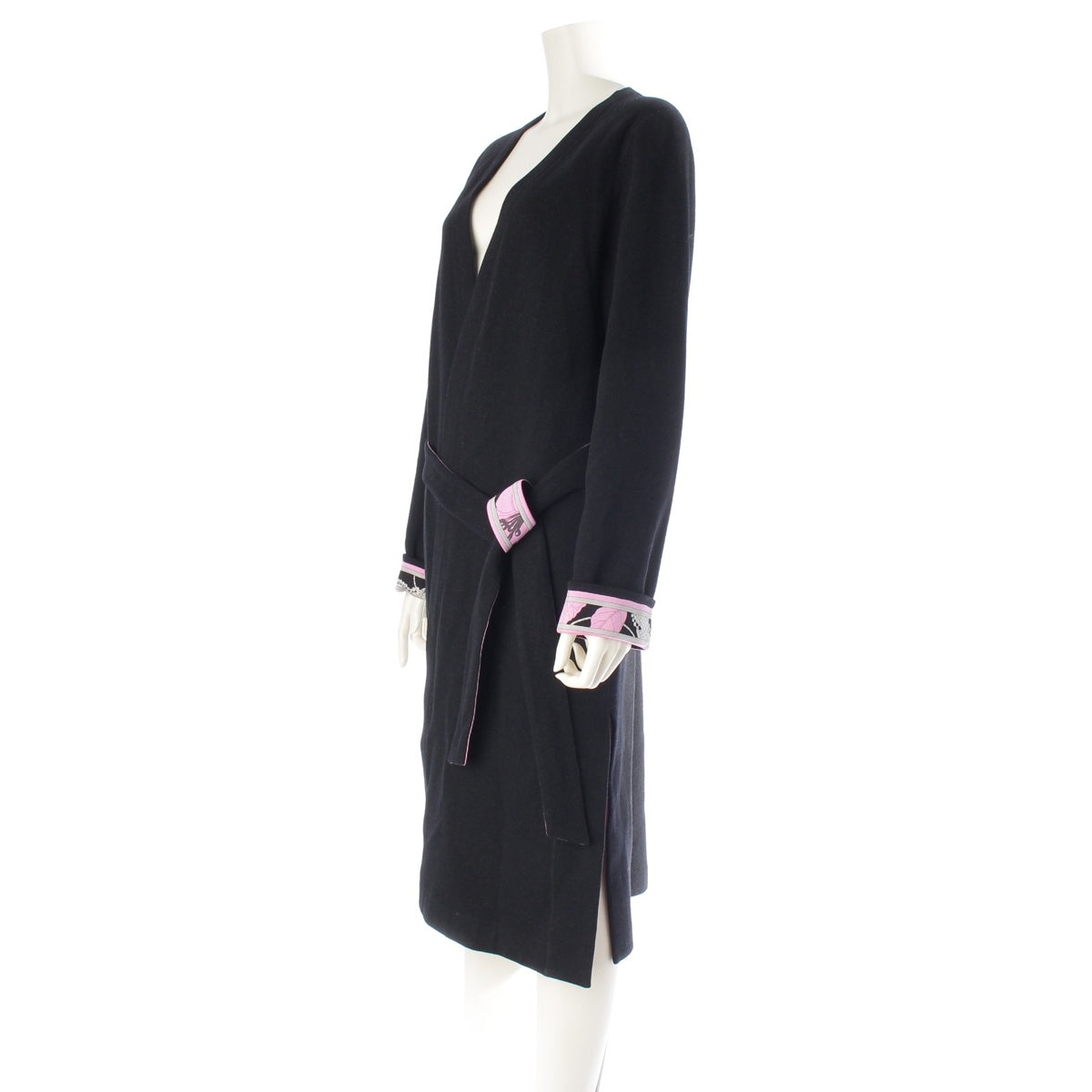 LEONARD Wool x nylon Floral pattern long coat Gown Cardigan Black x pink 36