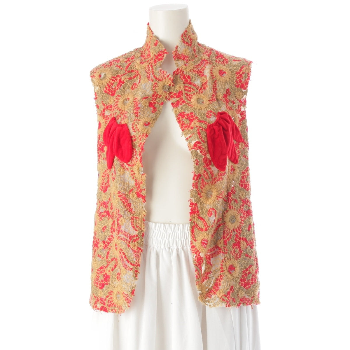 COMME des GARCONS wool cotton Fully embroidered, cut-off, buttonless Best Gilet Tops GM-J012 Beige x red series S