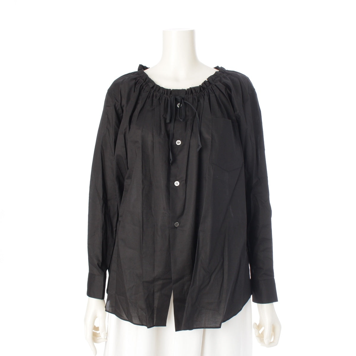 COMME des GARCONS cotton No collar, ruffle, ribbon design, long sleeves blouse Shirt tops GR-B023 black XS