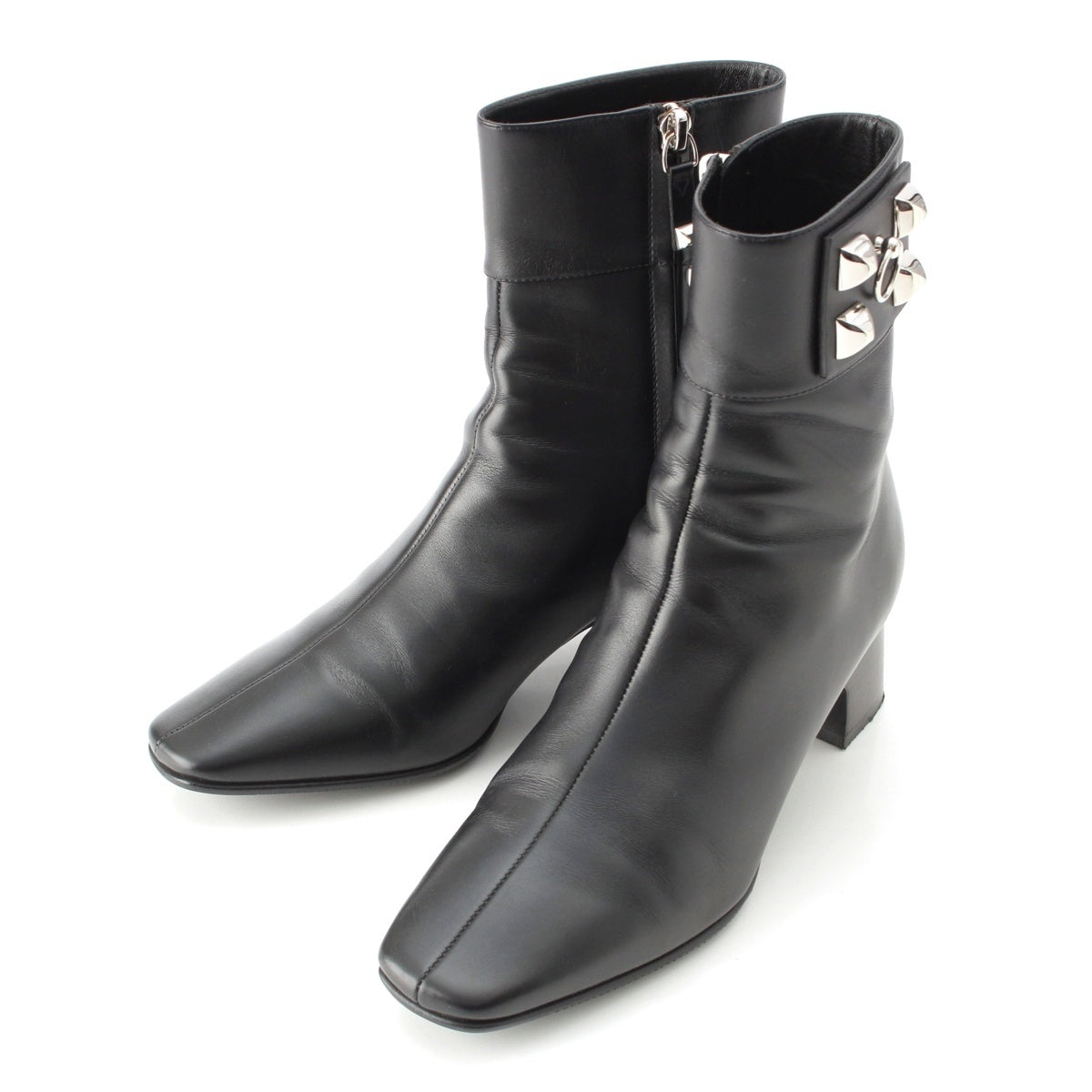 HERMES leather Decubert Collier de Sian Silver Studs boots Ankle Shoes black 36
