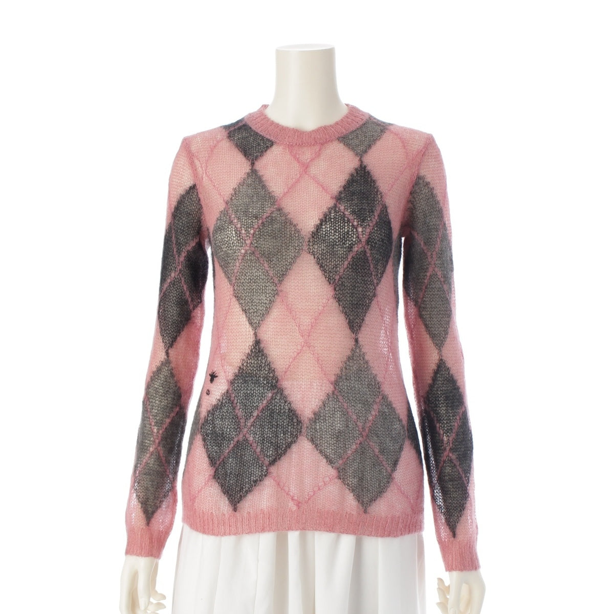 Christian Dior Mohair Alpaca Wool Bee Embroidered Argyle Knit knit Tops Long Sleeve 514S78A4011 Pink black 34