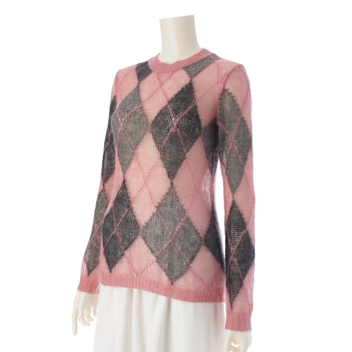 Christian Dior Mohair Alpaca Wool Bee Embroidered Argyle Knit knit Tops Long Sleeve 514S78A4011 Pink black 34