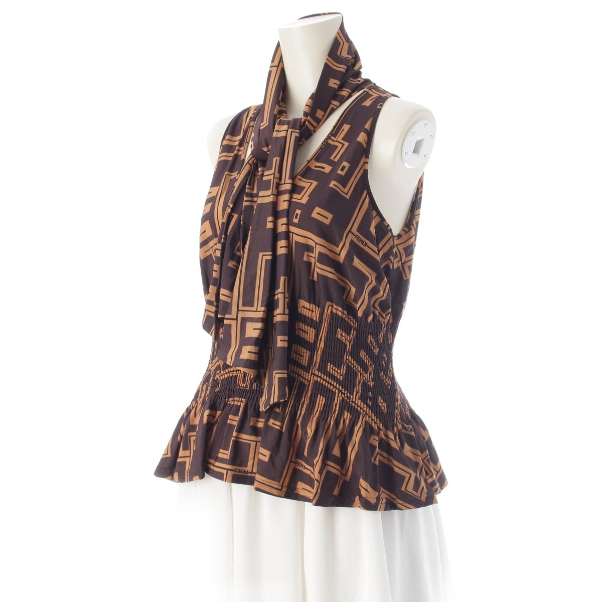 FENDI Logo print ribbon tie shirring design sleeveless Cut tops Brown 44