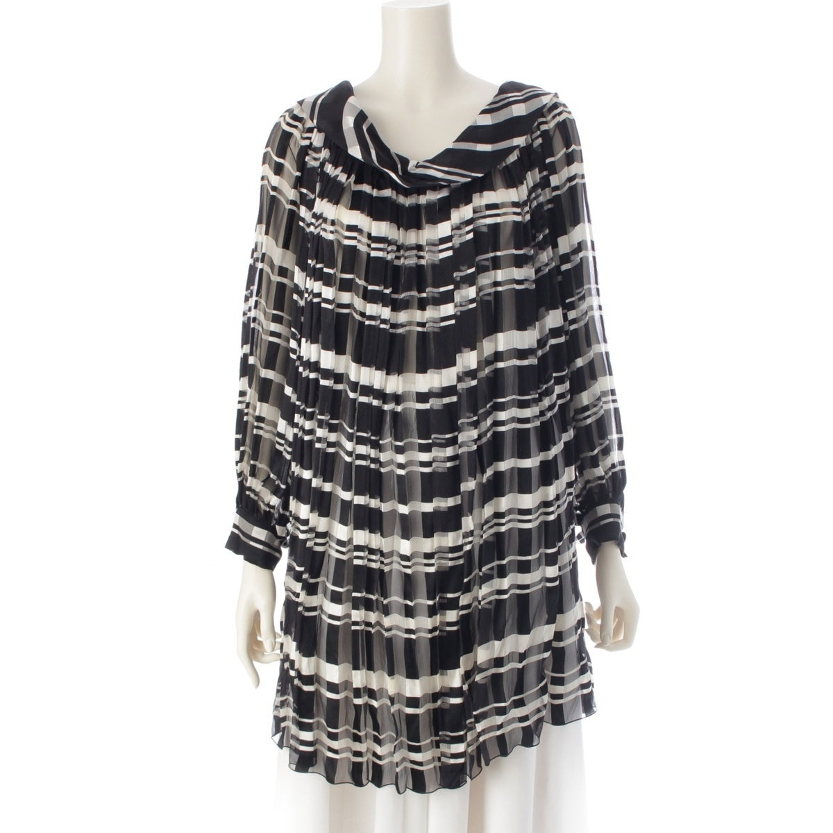 Christian Dior silk Gianfranco Ferre Check Pattern Sheer Pleated Tunic Pullover Blouse Tops Black x white 38