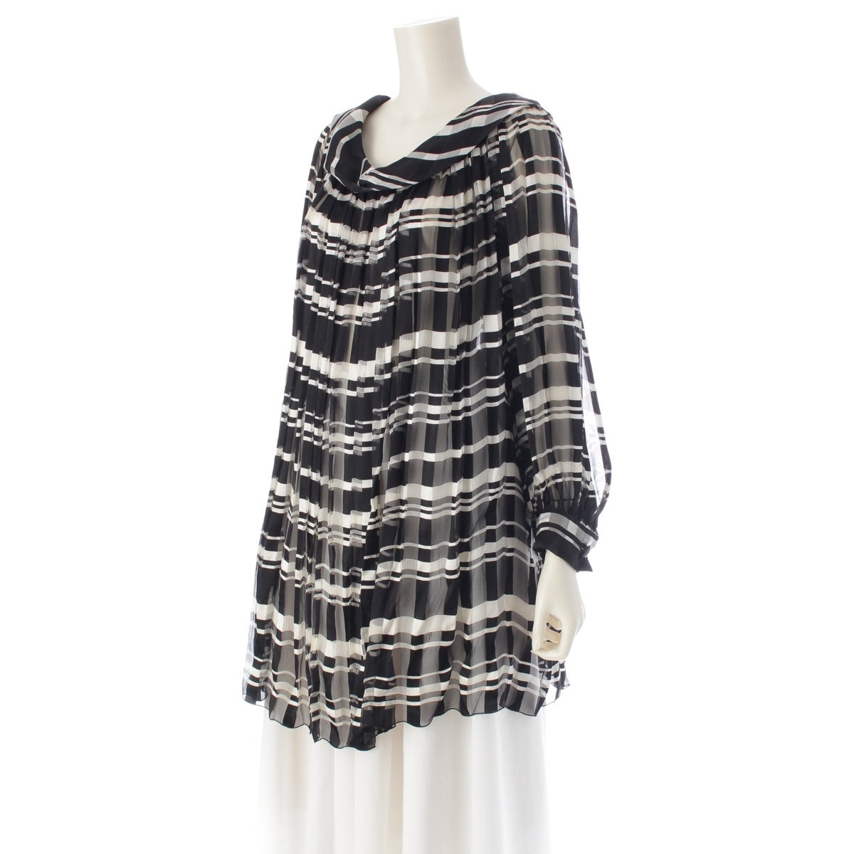 Christian Dior silk Gianfranco Ferre Check Pattern Sheer Pleated Tunic Pullover Blouse Tops Black x white 38