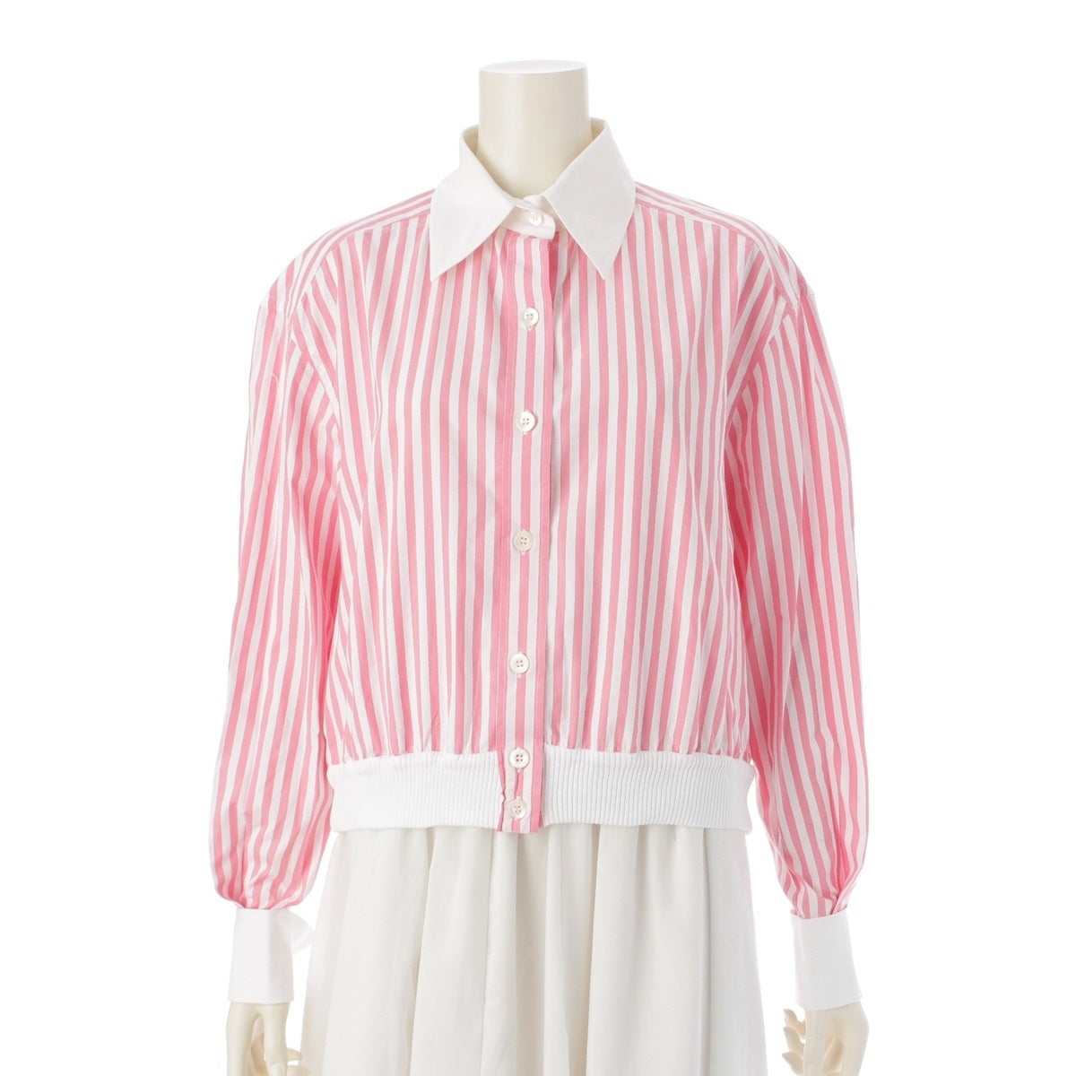 CHANEL COCO Button Cropped Stripe Pattern Shirt Blouson Jacket Pink white