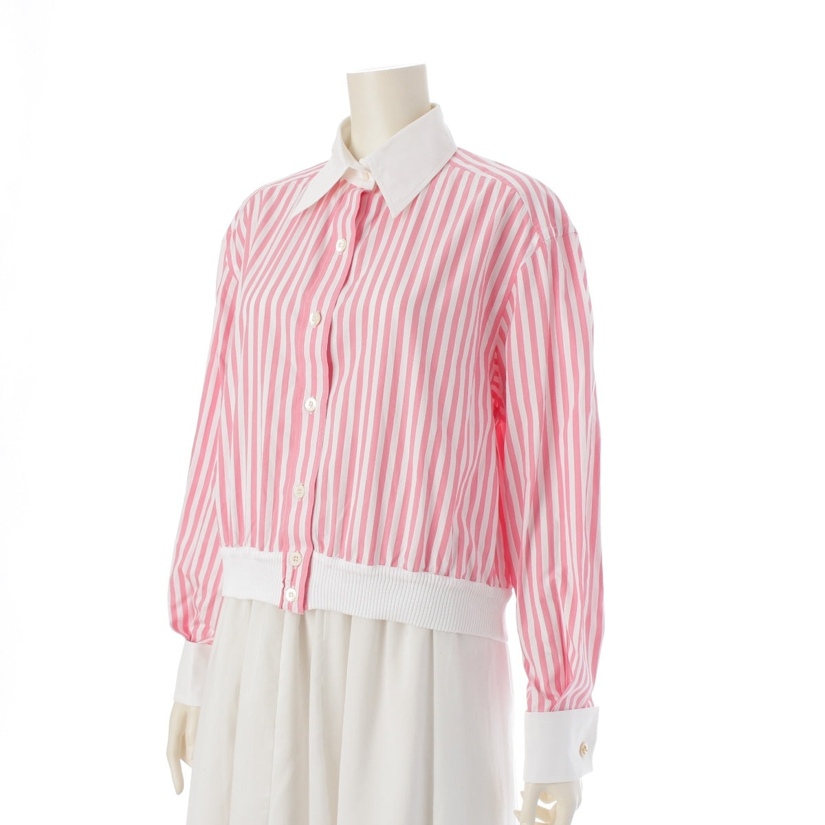 CHANEL COCO Button Cropped Stripe Pattern Shirt Blouson Jacket Pink white